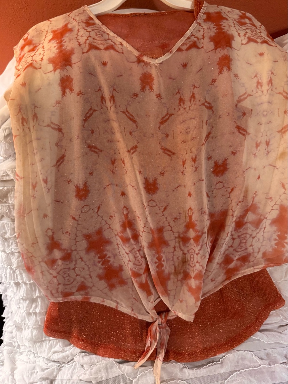 Daytrip Sheer Tie-Front Blouse in Rust and Cream Tie-Dye